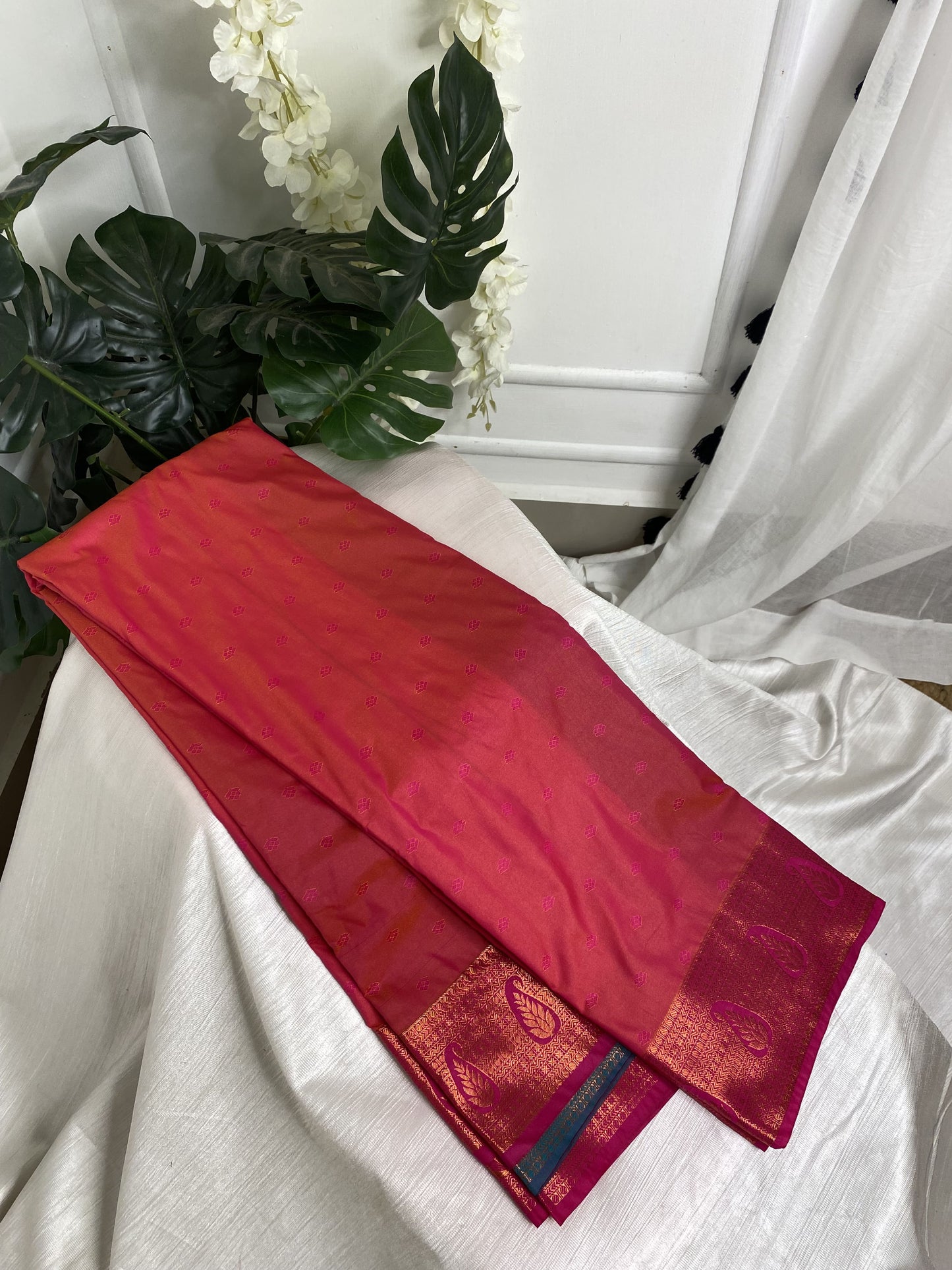 Tomato Pink Semi Silk Saree