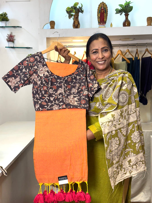 Peach Khadi Cotton Saree with Blouse Combo