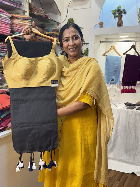 Black Khadi Cotton Saree with Blouse Combo