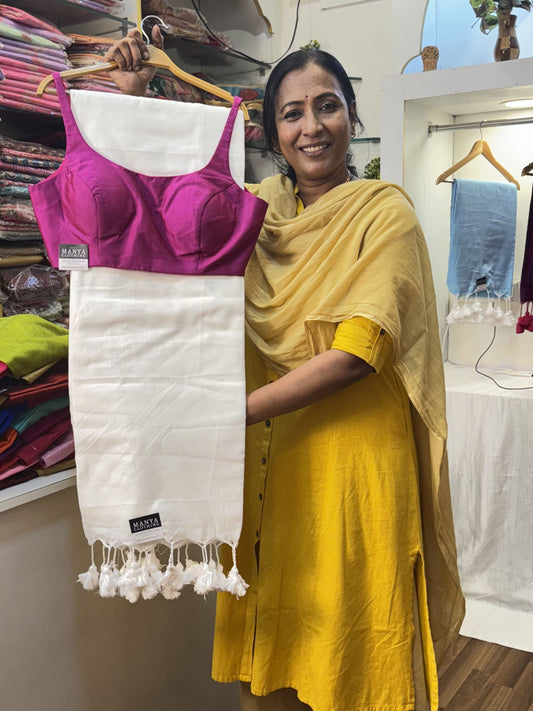 White Khadi Cotton Saree with Blouse Combo