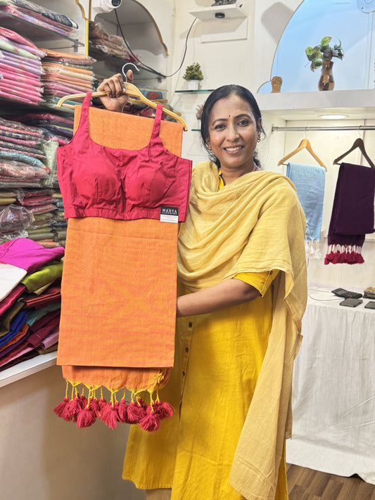 Light Orange Khadi Cotton Saree with Blouse Combo