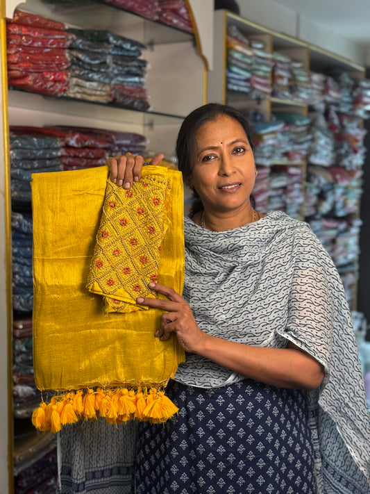 Yellow Plain Tissue Saree with Work Blouse Combo