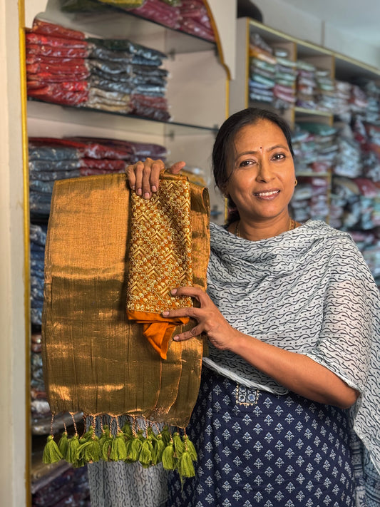 Copper Green Plain Tissue Saree with Work Blouse Combo