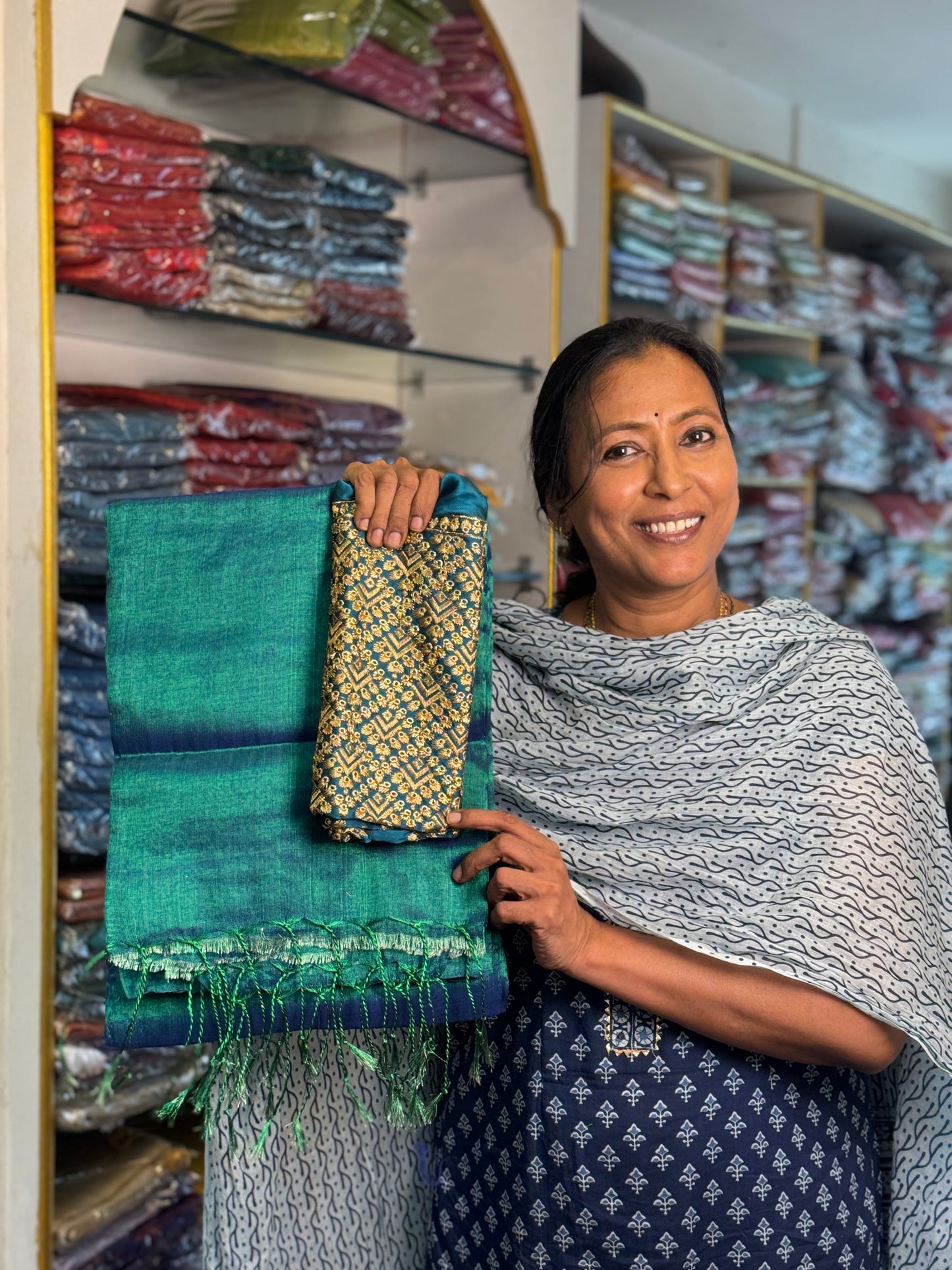 Peacock Green Plain Tissue Saree with Work Blouse Combo