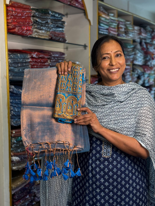 Copper Blue Plain Tissue Saree with Work Blouse Combo