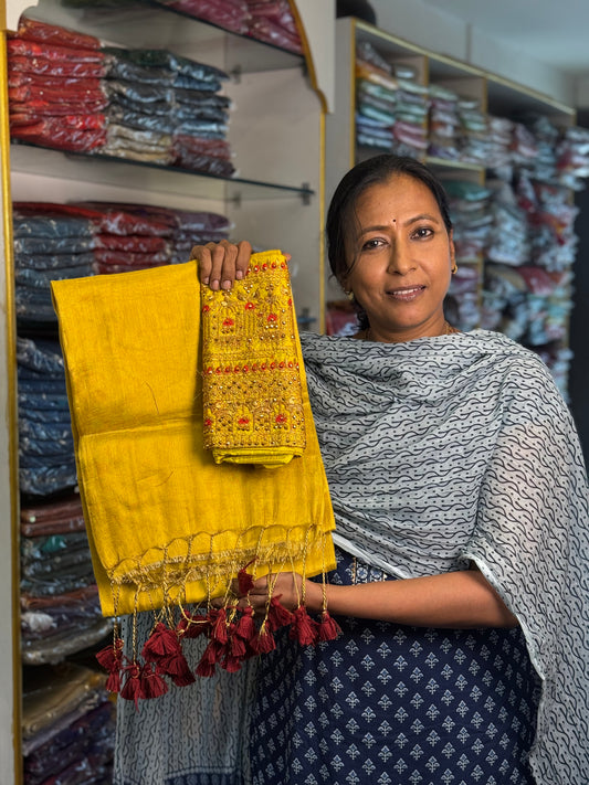 Yellow Plain Tissue Saree with Work Blouse Combo