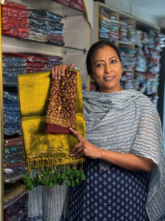 Mehendi Green  Plain Tissue Saree with Work Blouse Combo