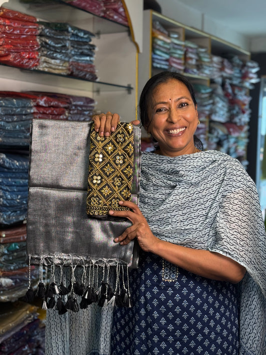 Silver Black  Plain Tissue Saree with Work Blouse Combo