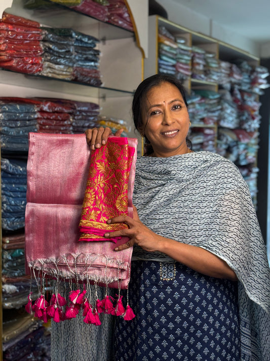 Silver Pink Plain Tissue Saree with Work Blouse Combo