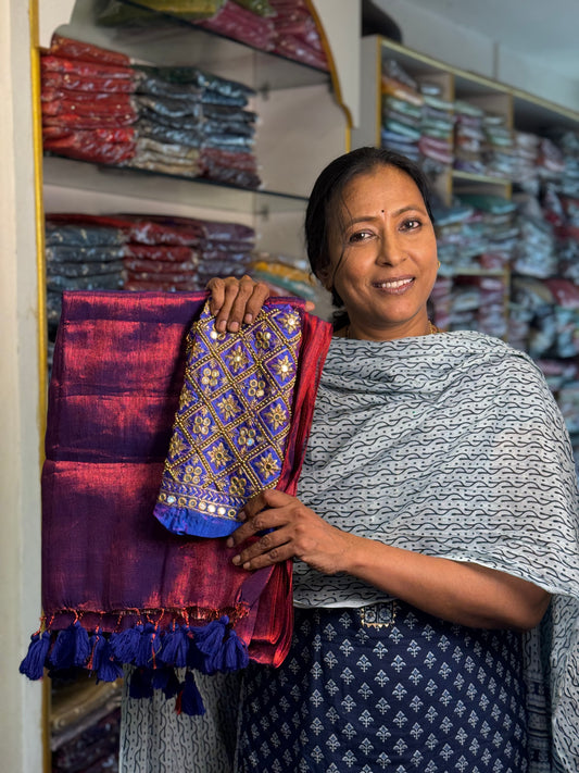 Purple Plain Tissue Saree with Work Blouse Combo