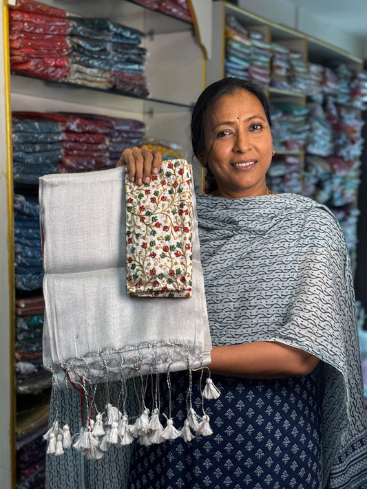 Silver Plain Tissue Saree with Work Blouse Combo