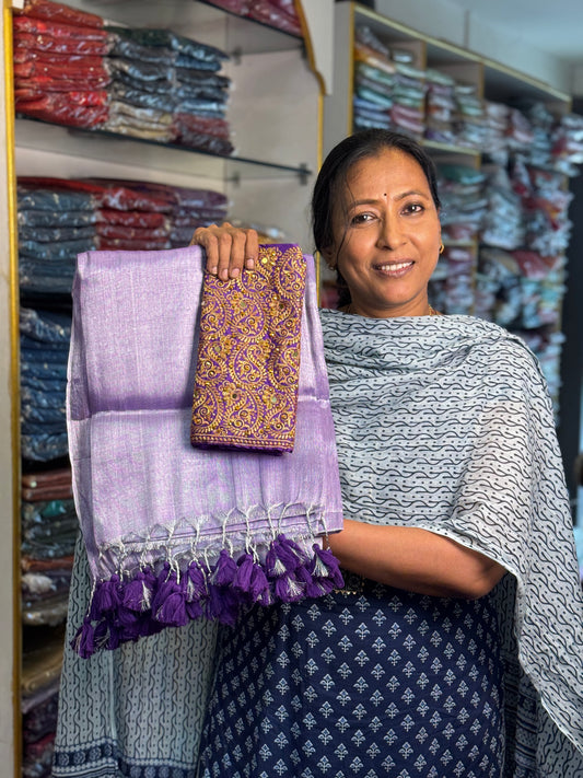 Silver Purple Plain Tissue Saree with Work Blouse Combo