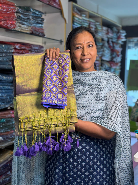 Golden Lavendar Plain Tissue Saree with Work Blouse Combo