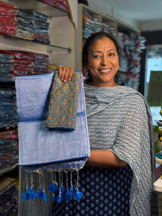 Silver Blue Plain Tissue Saree with Work Blouse Combo
