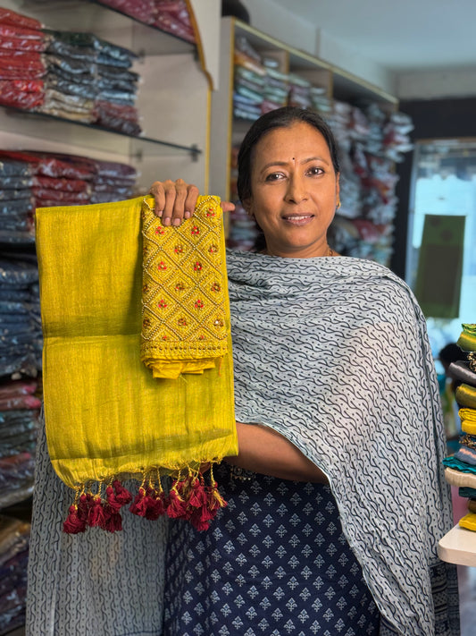 Light Lime Green Plain Tissue Saree with Work Blouse Combo