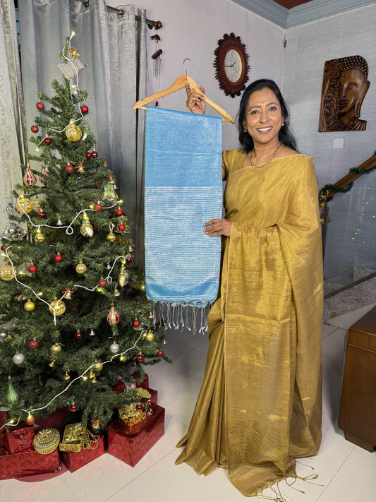 Silver Blue Linen Tissue Saree