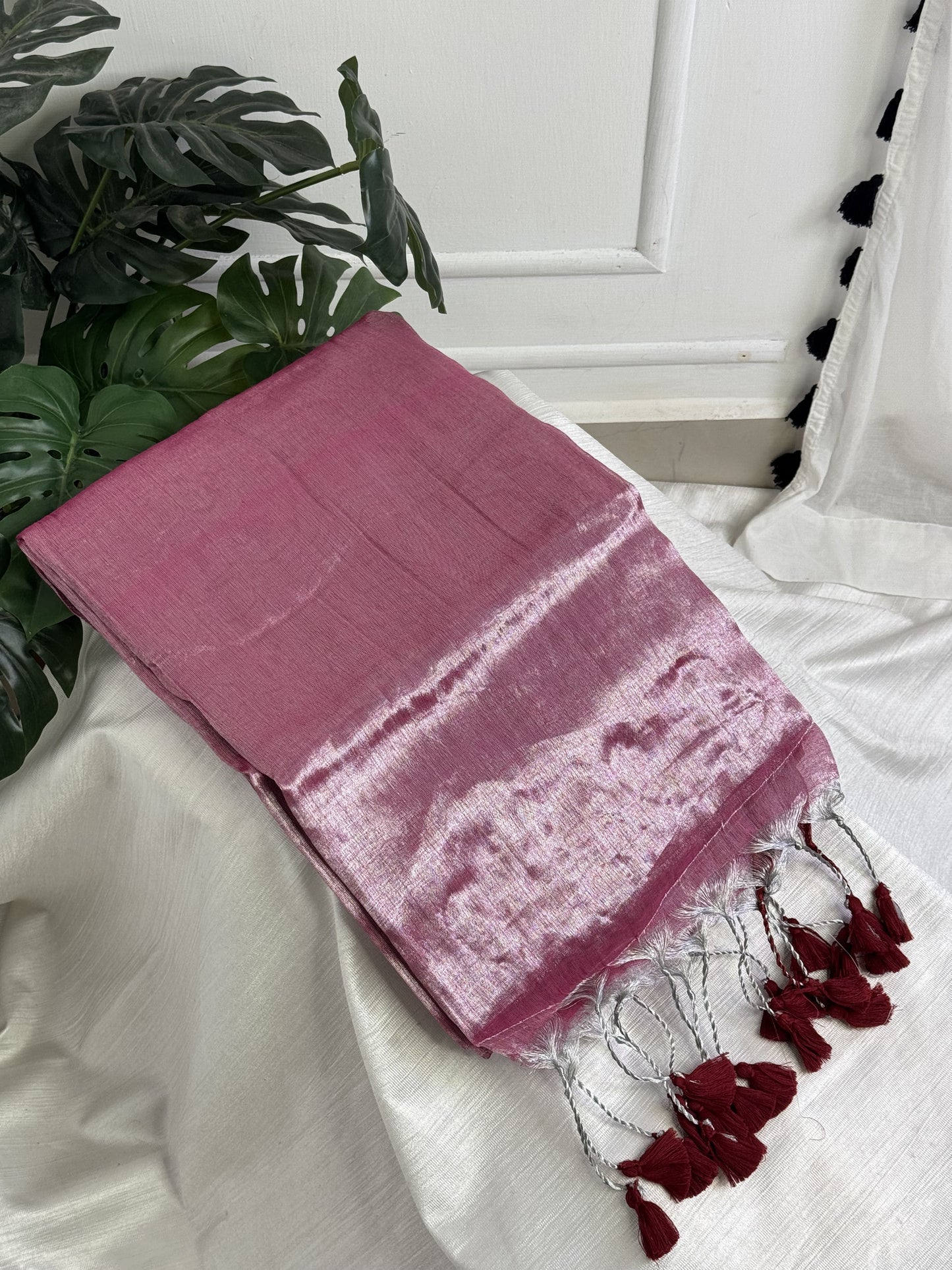 Silver Pink Plain Tissue Saree