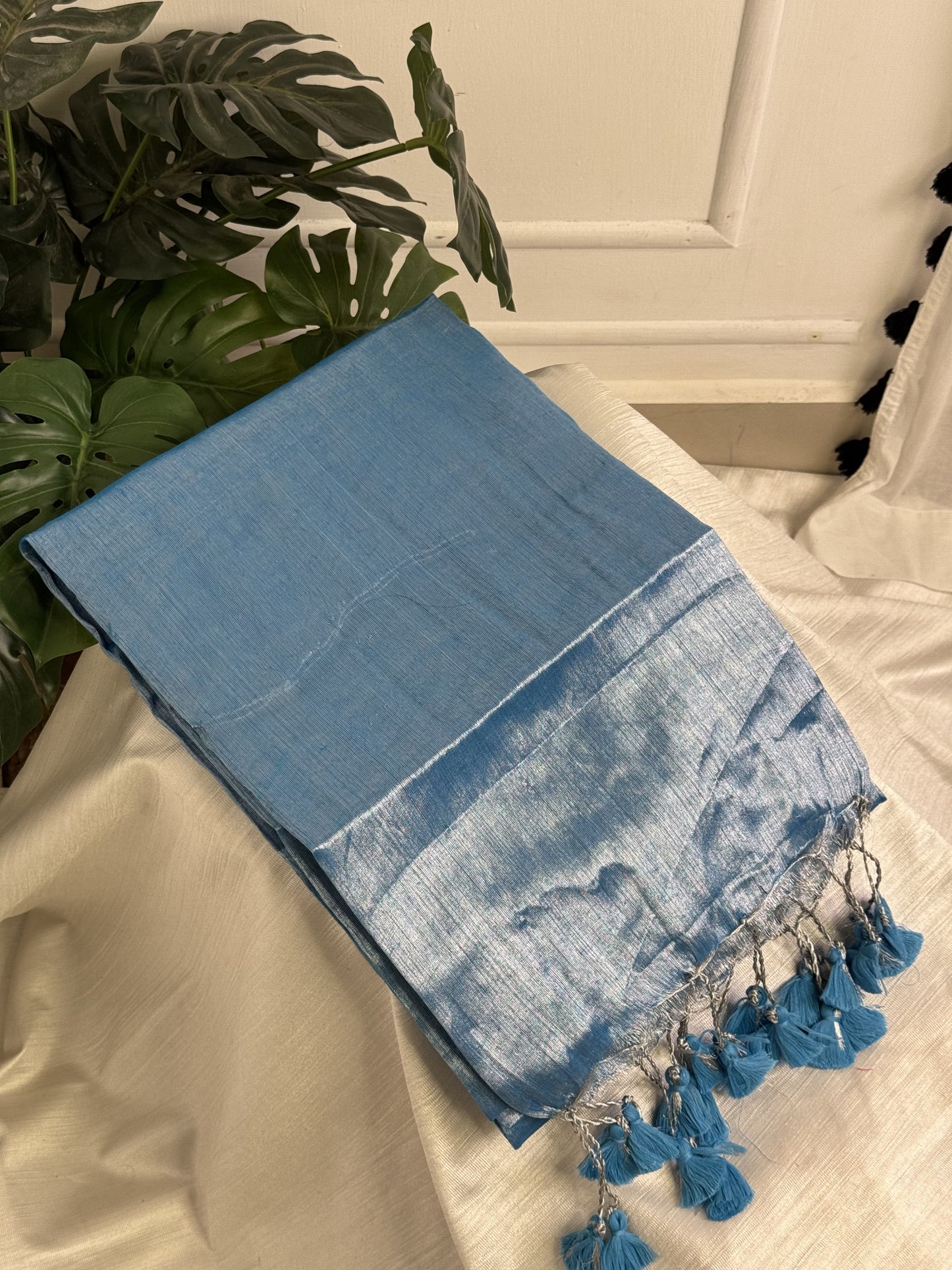 Silver Blue Plain Tissue Saree
