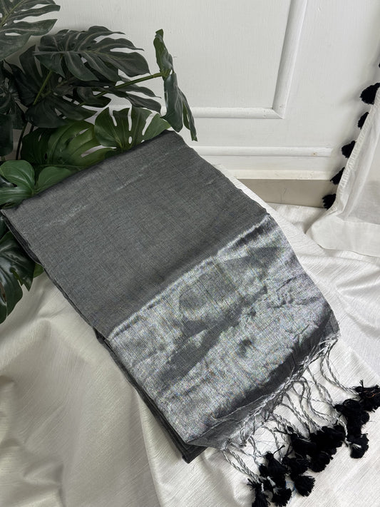 Silver Black Plain Tissue Saree