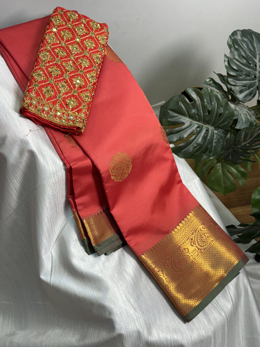 Tomato Pink Soft Silk Saree with Work Blouse Combo