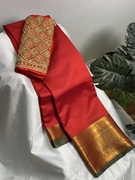 Red Soft Silk Saree with Work Blouse Combo