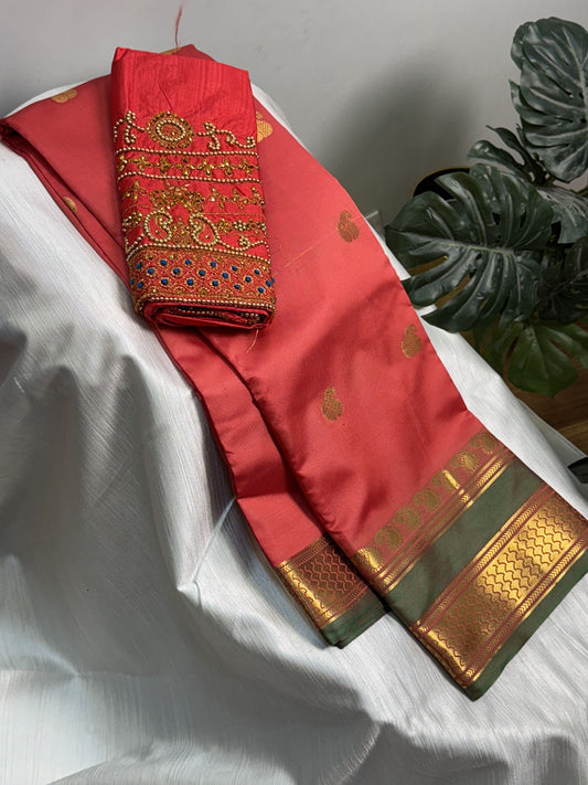 Tomato Red Soft Silk Saree with Work Blouse Combo