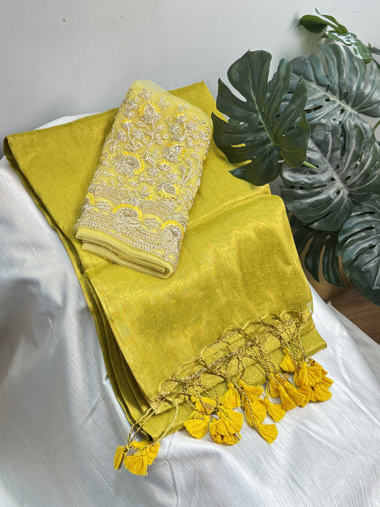 Lime Yellow Tassels Plain Tissue Saree with Work Blouse