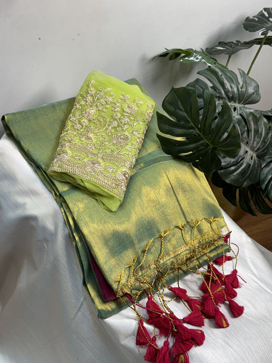 Rama Green with Pink Tassels Plain Tissue Saree with Work Blouse
