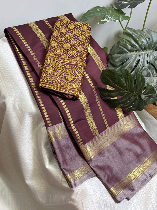 Coffee Brown Semi Kathan Silk Saree with Work Blouse Combo