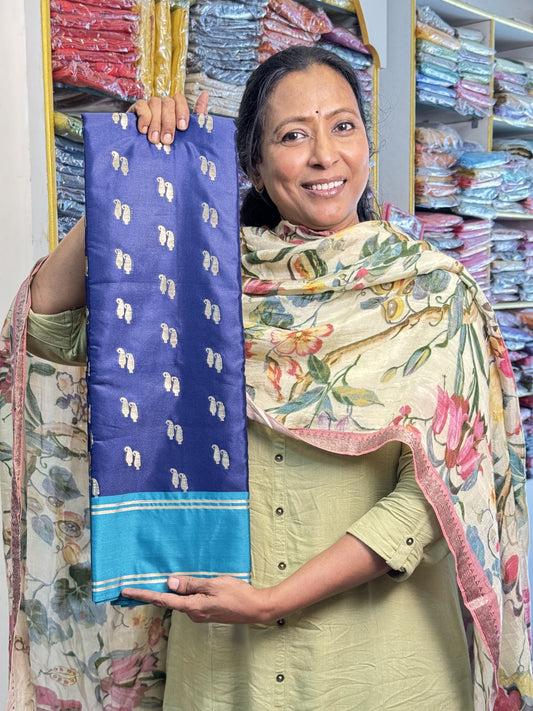 Navy Blue with Rama Green Soft Silk Saree