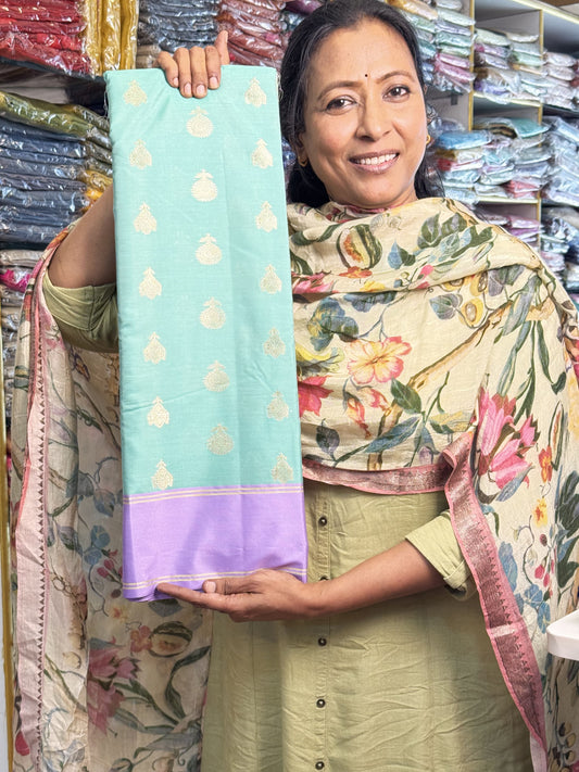 Cyan with Lavendar Soft Silk Saree