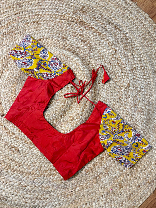 Red & Yellow Kalamkaari Ready to Wear Blouse