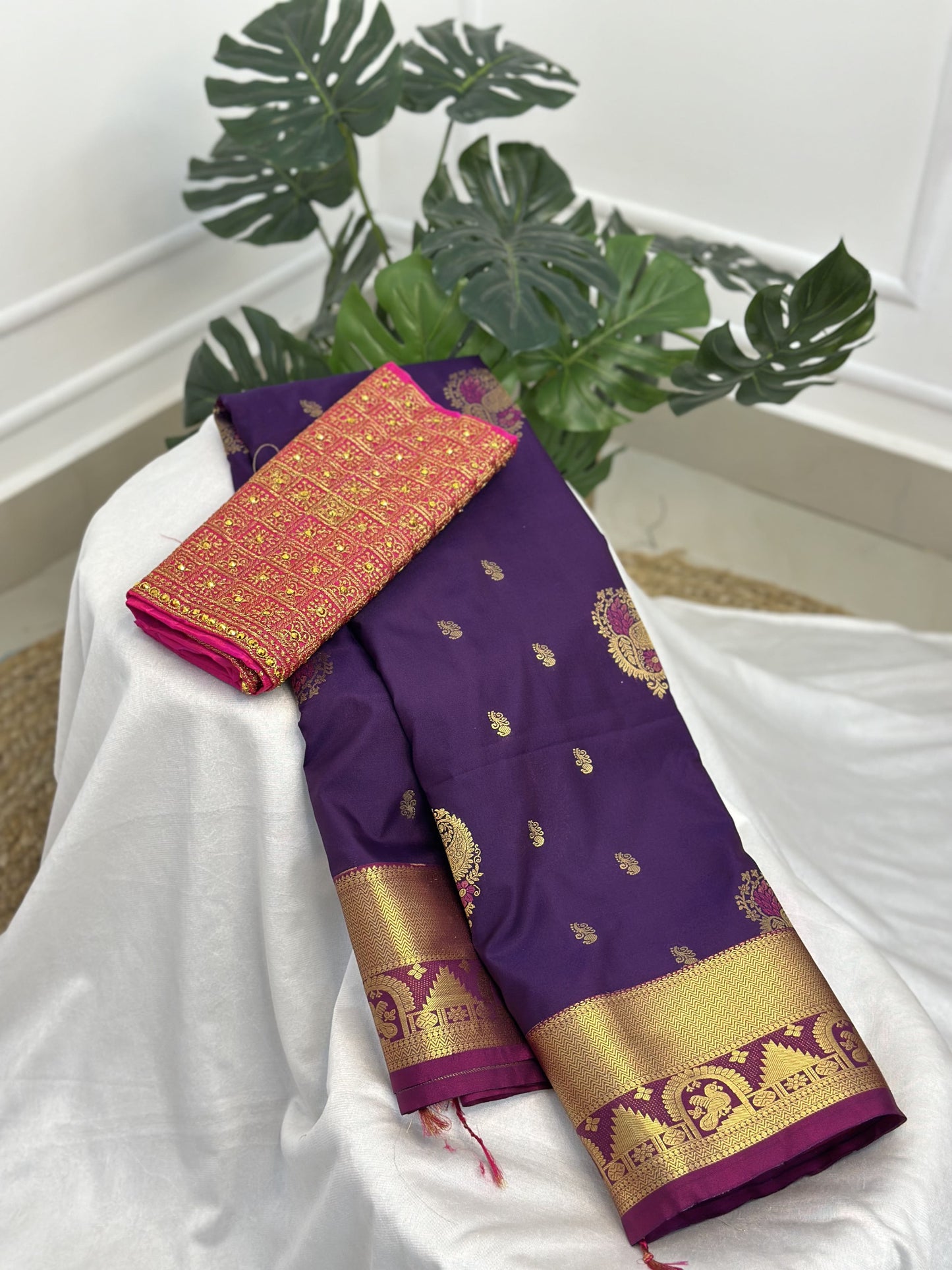 Violet Kanchi Semi Silk Saree with Work Blouse Combo