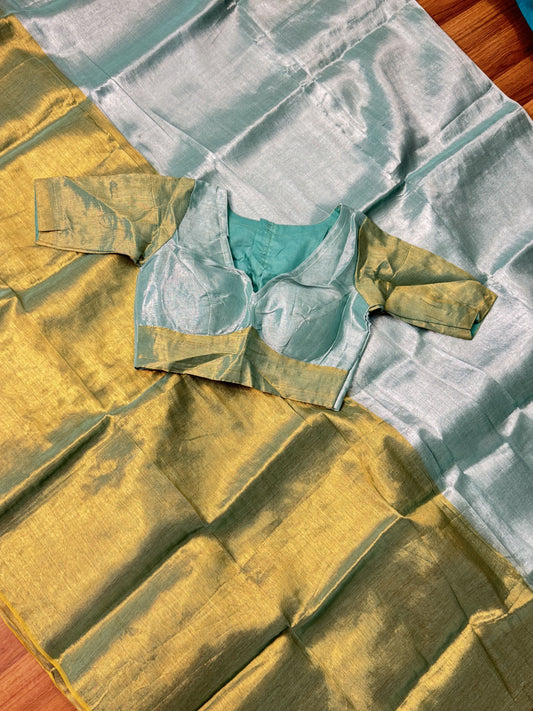 Rama Green with SeaFoam Green Plain Khadi Tissue Saree With Stitched Blouse
