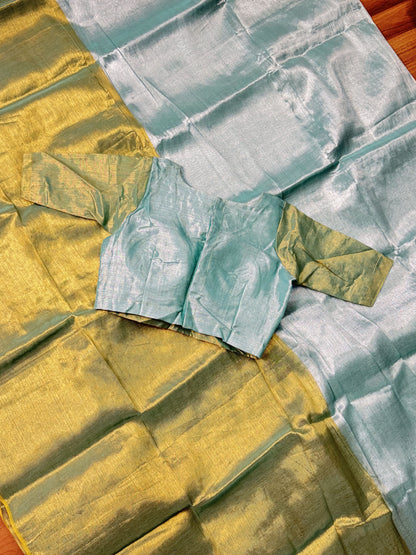 Rama Green with SeaFoam Green Plain Khadi Tissue Saree With Stitched Blouse