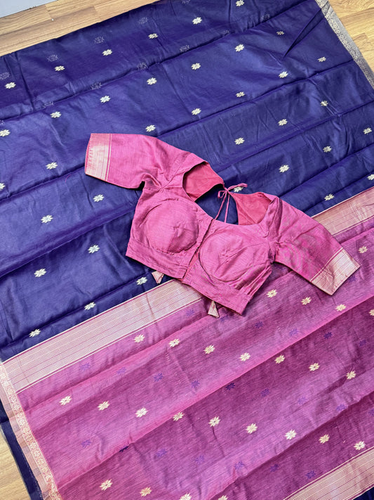 Wine With Pink Mageswari Cotton Saree With Stitched Blouse