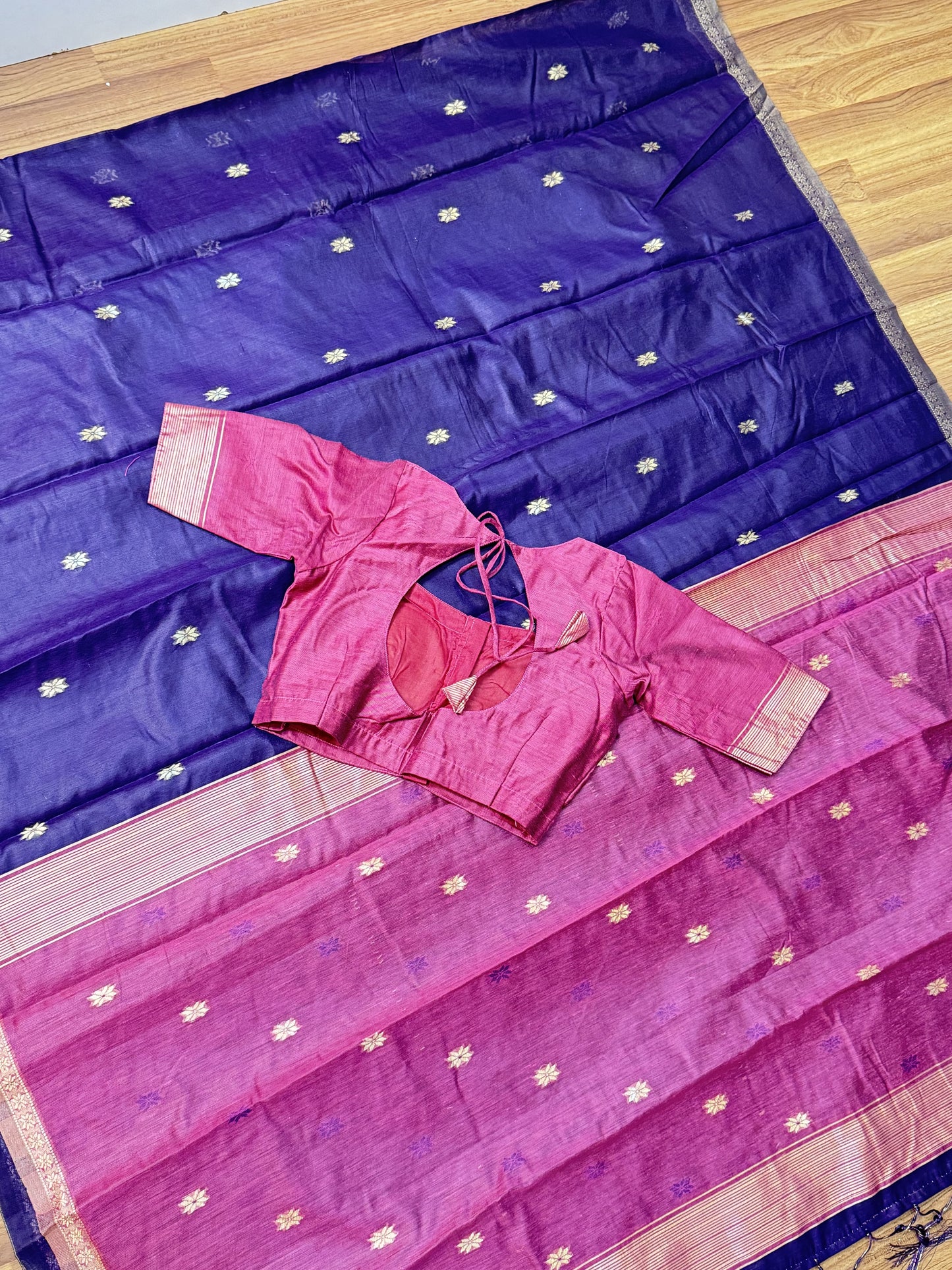 Wine With Pink Mageswari Cotton Saree With Stitched Blouse