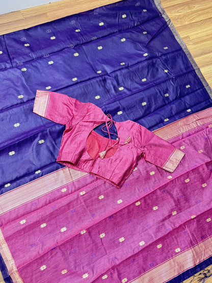 Wine With Pink Mageswari Cotton Saree With Stitched Blouse