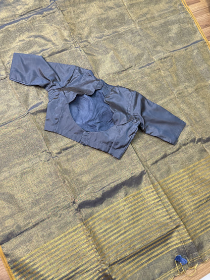 Grey Linen Tissue Saree With Stitched Blouse