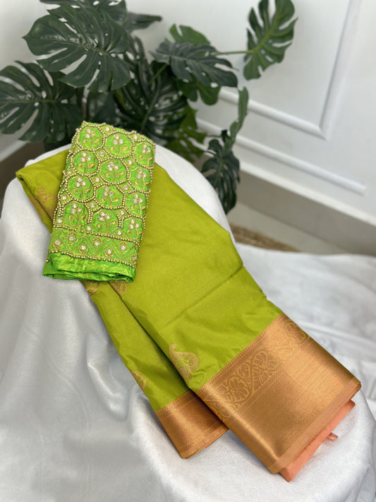 Lime Green Soft Silk Saree with Work Blouse Combo