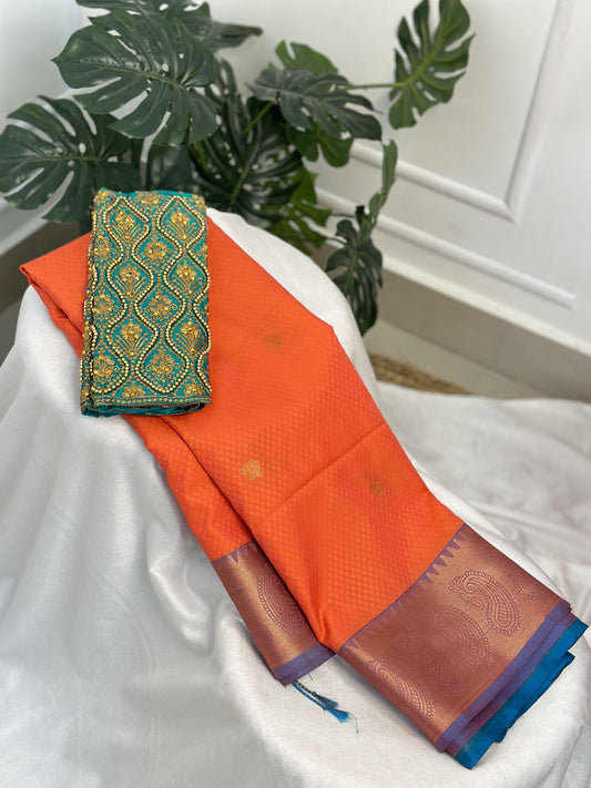 Orange Soft Silk Saree with Work Blouse Combo