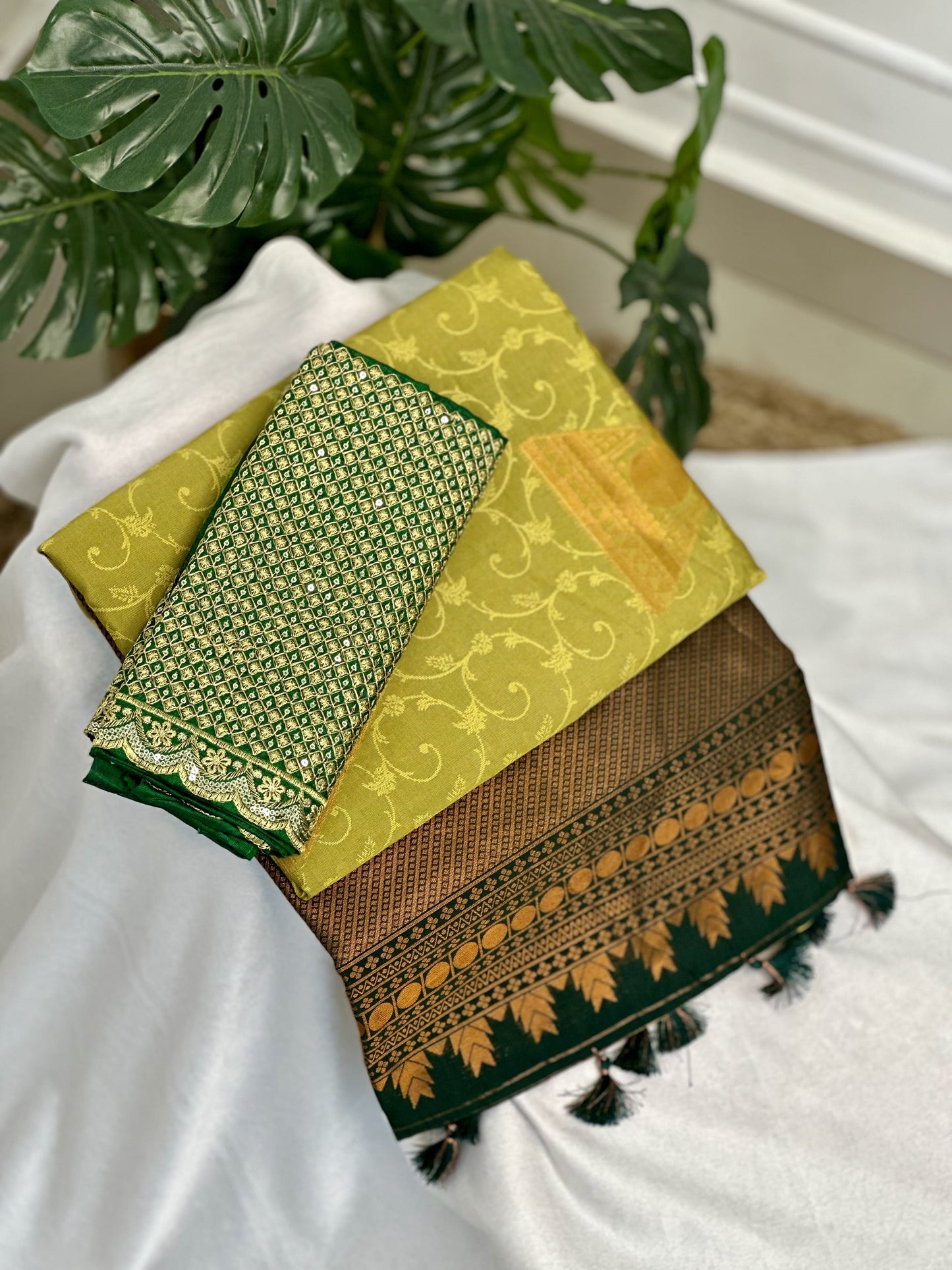 Lime Green Poly Silk Saree with work blouse combo