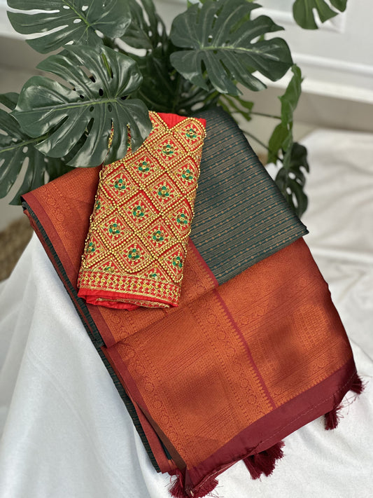 Green Red Poly Silk Saree with work blouse combo