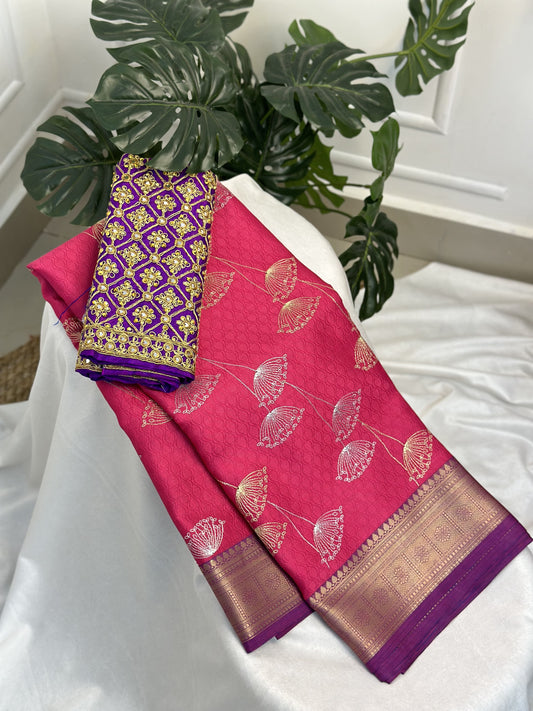 Pink Purple Kora Muslin Saree with Work blouse combo