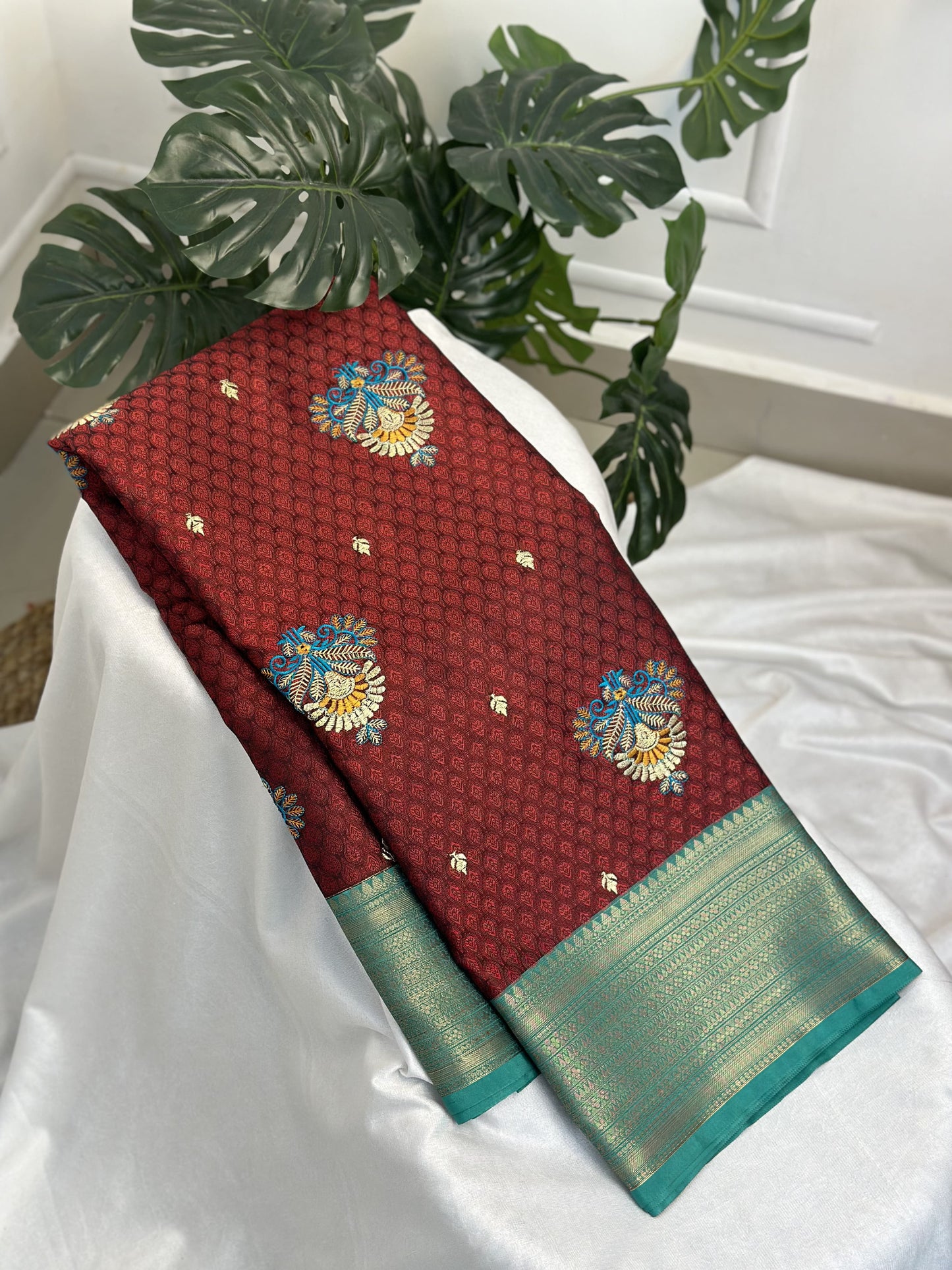 Meroon RamaGreen Kora Muslin Saree