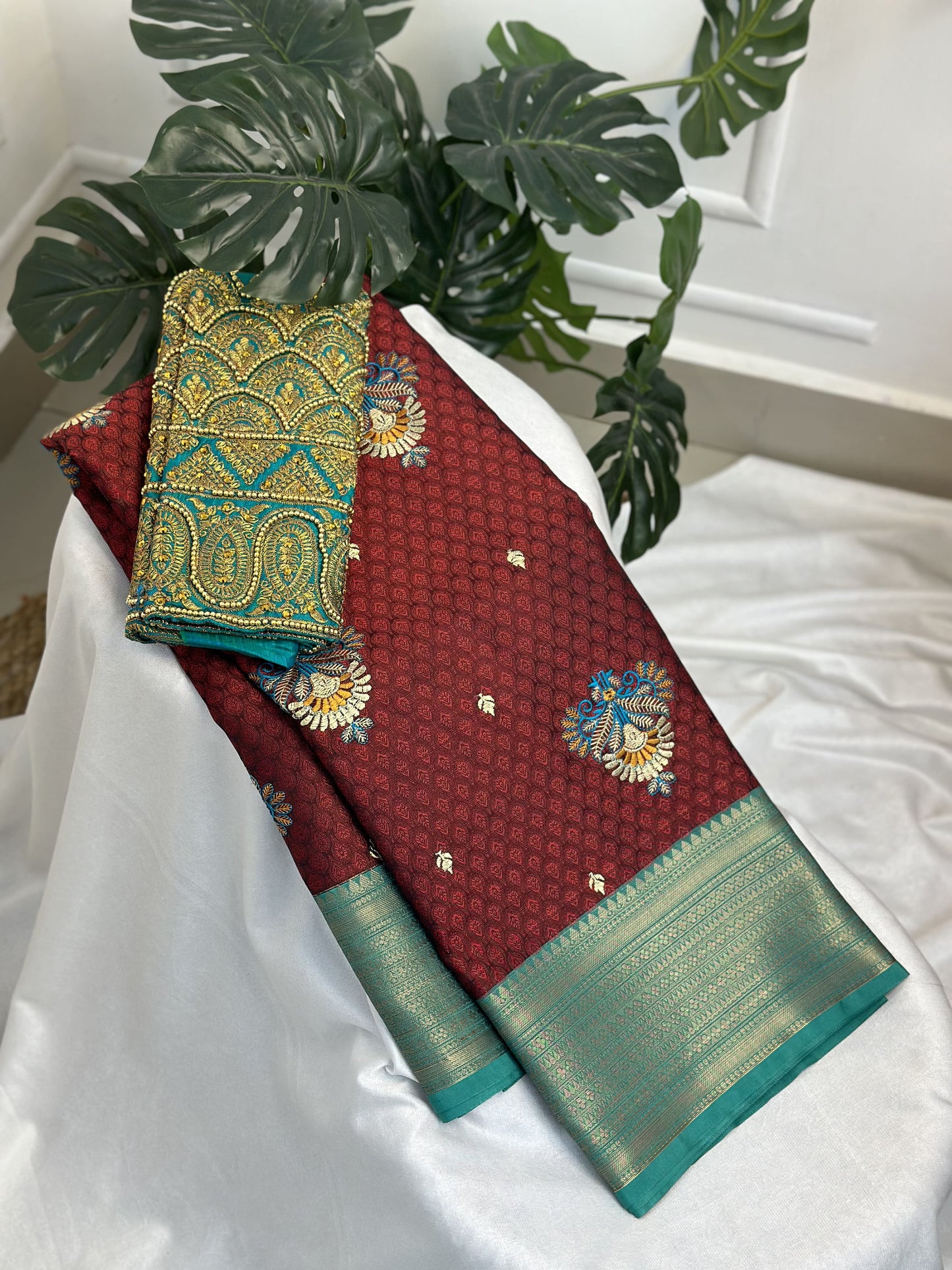 Meroon RamaGreen Kora Muslin Saree with Work blouse combo