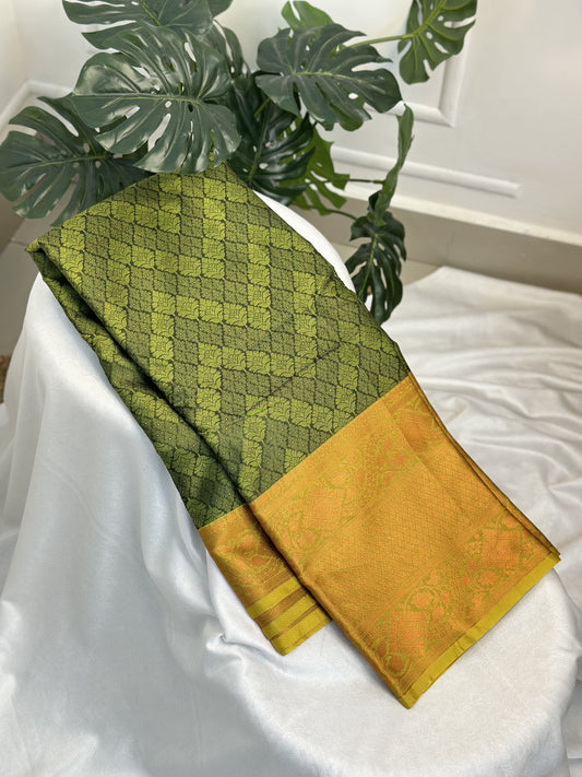 Green Yellow Big Border Kora Muslin Saree