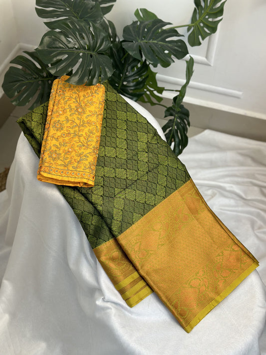 Green Yellow Big Border Kora Muslin Saree with Work blouse combo