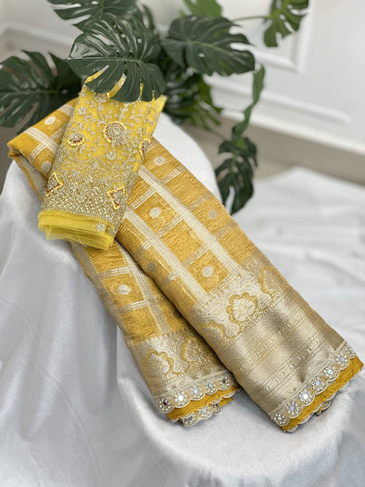 Light Yellow Tissue Saree with Work Blouse Combo