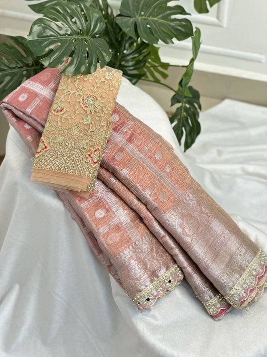 Onion Pink Tissue Saree with Work Blouse Combo